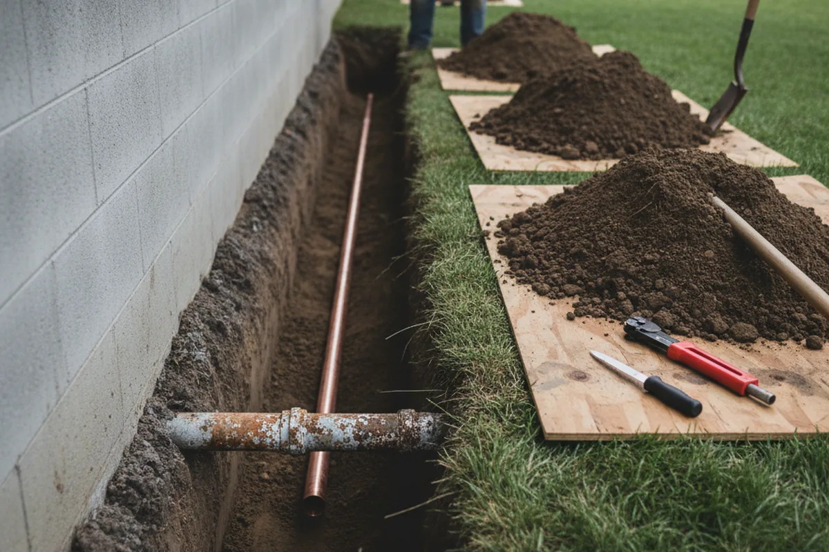 Excavated water line trench during Sewer Line Repair in Hernando